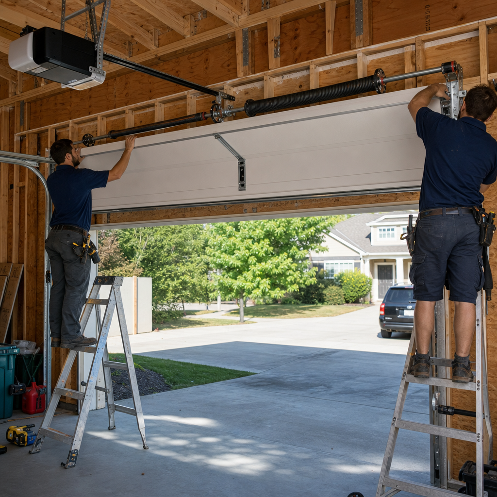 Professional garage door installer working on torsion springs