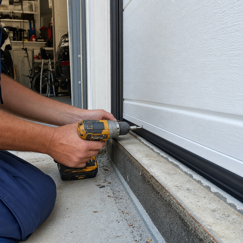 Professional installing garage door bottom seal with drill