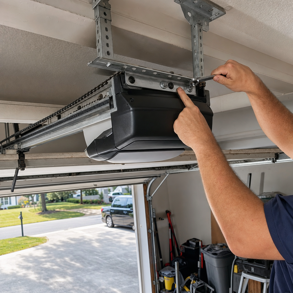 Professional installing and maintaining a garage door opener system.