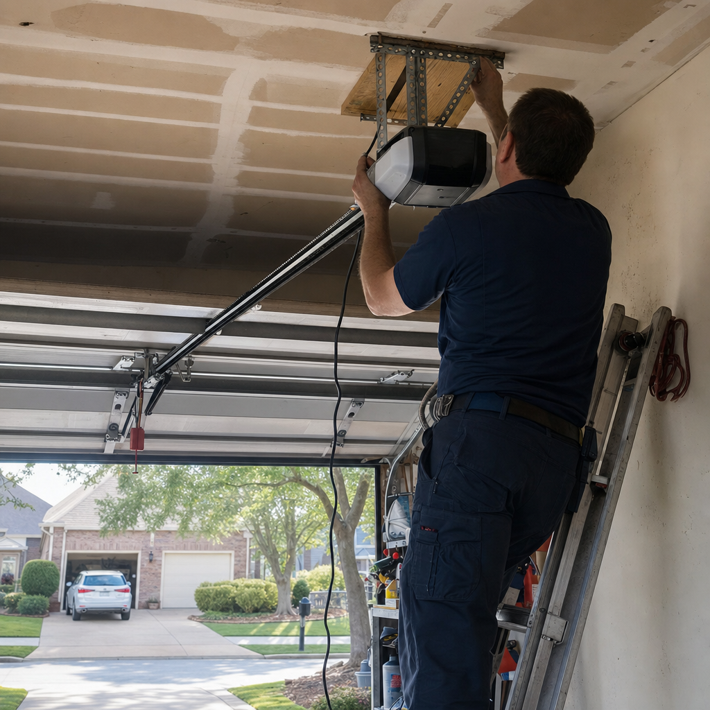 Technician installing garage door opener mechanism