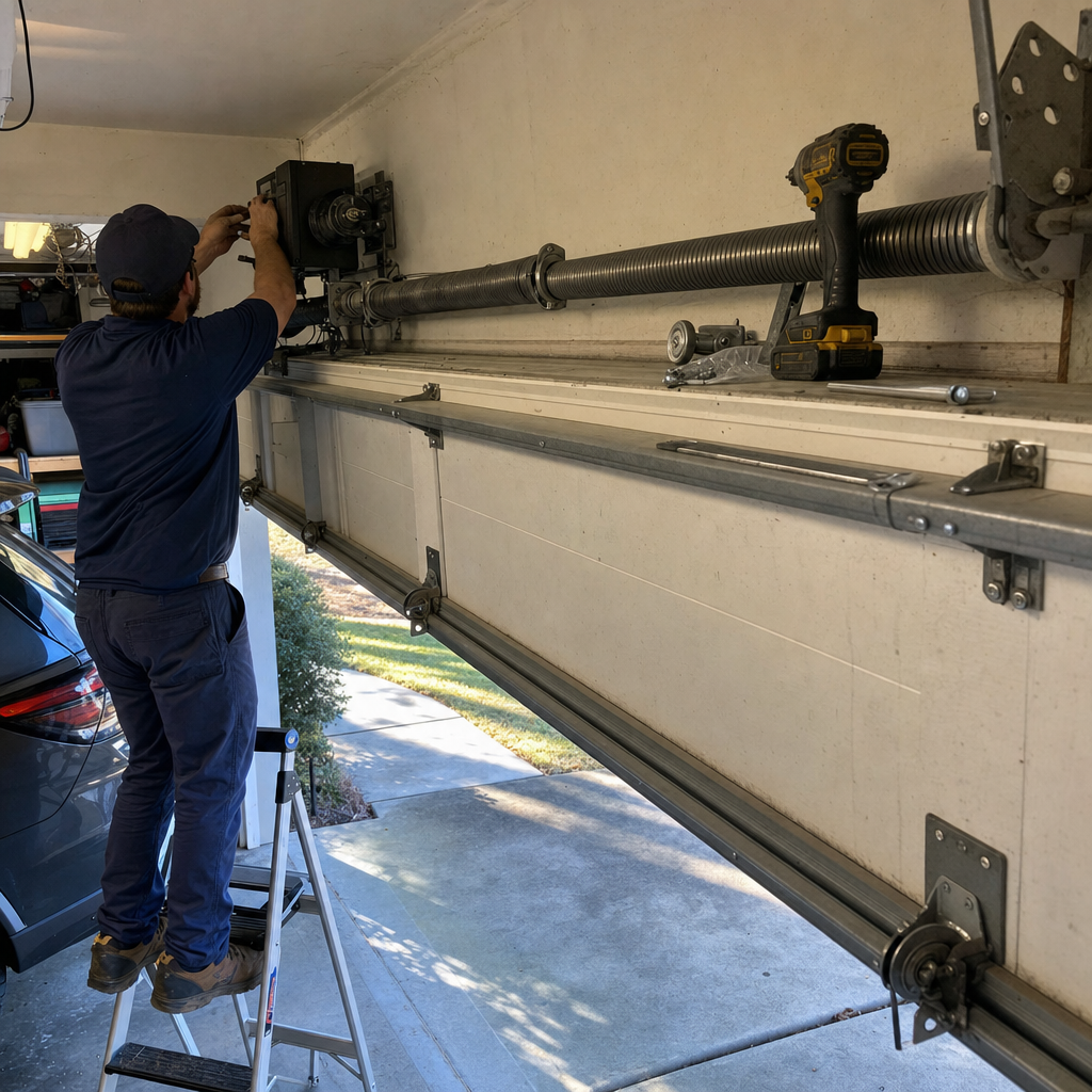 Technician installing garage door opener and torsion spring