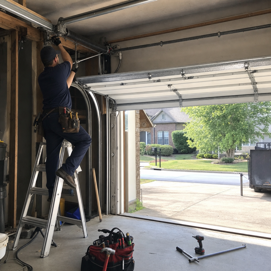 Garage door repair technician working on spring