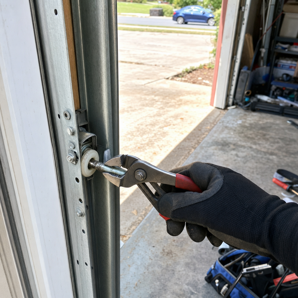 Garage door repair technician tightening bolt on door track with pliers