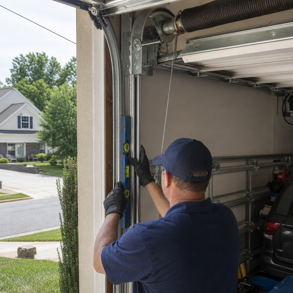 Garage door repairman uses level on door track