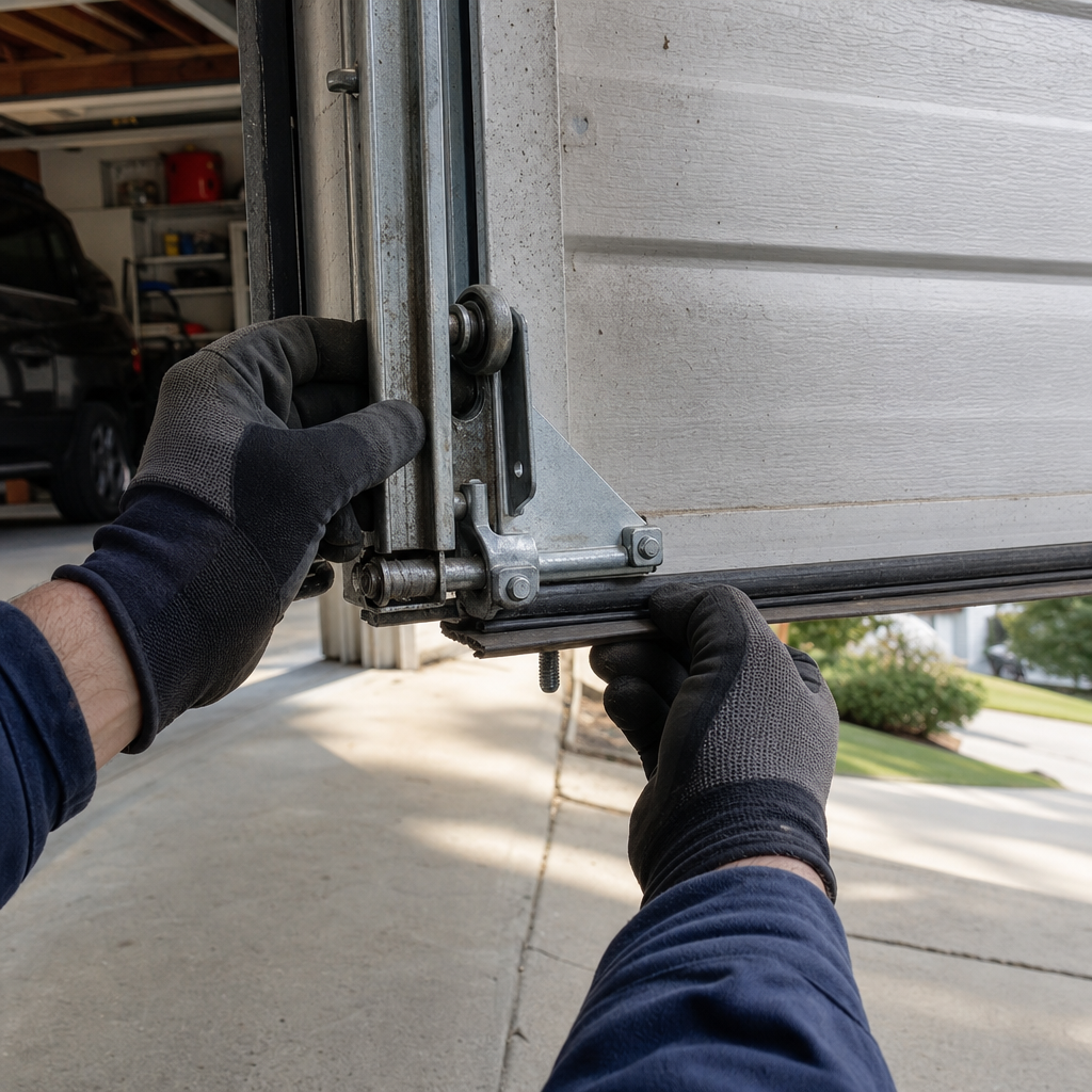 Technician adjusting garage door bottom seal for emergency repair in Brookhaven, GA