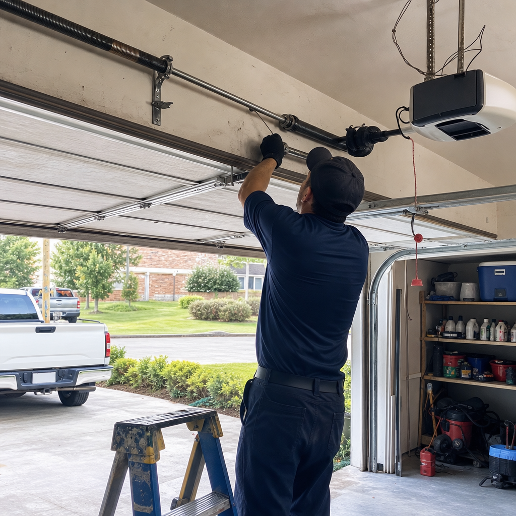 Technician performing emergency garage door repair on spring mechanism in Brookhaven, GA