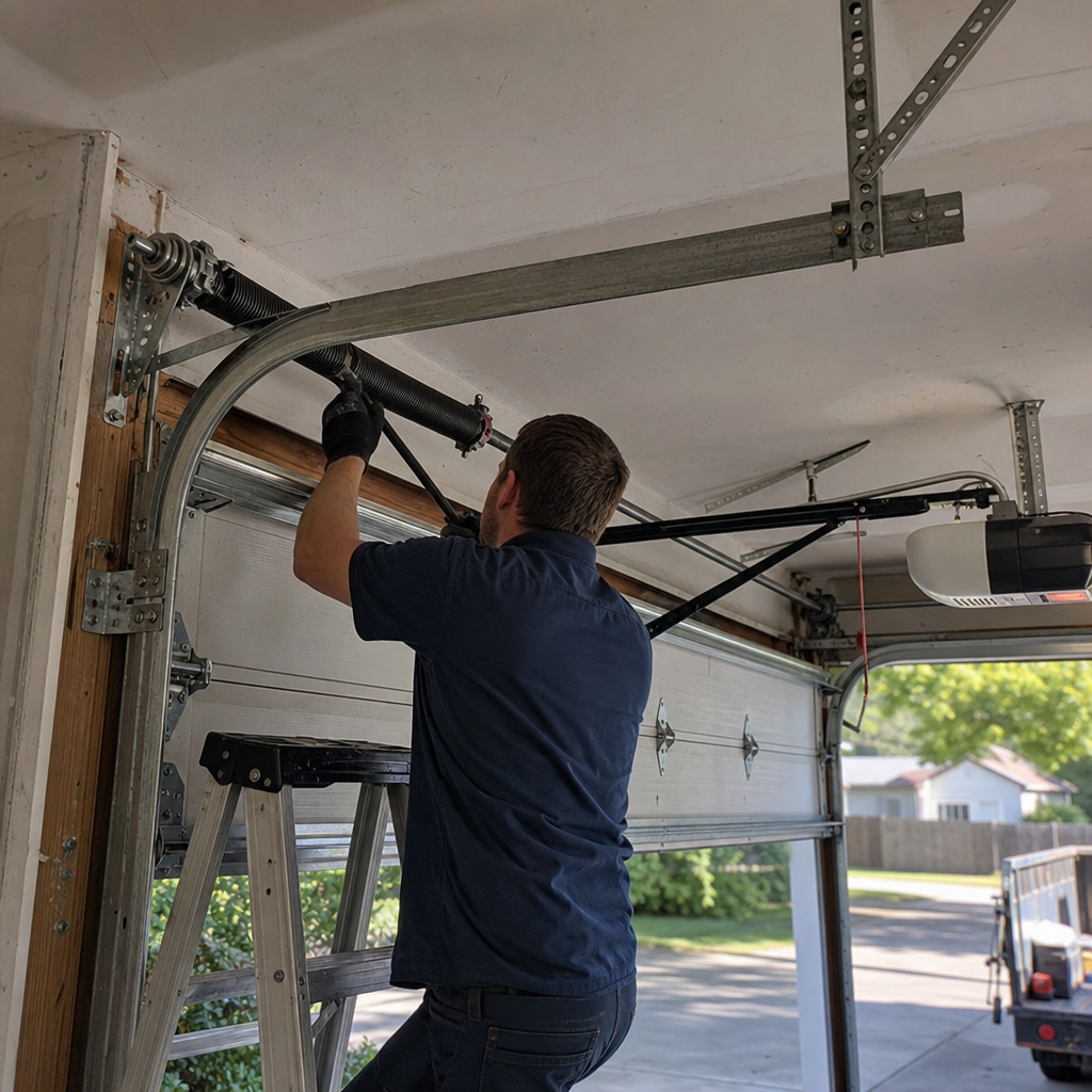 Technician installing garage door torsion springs in Brookhaven, GA